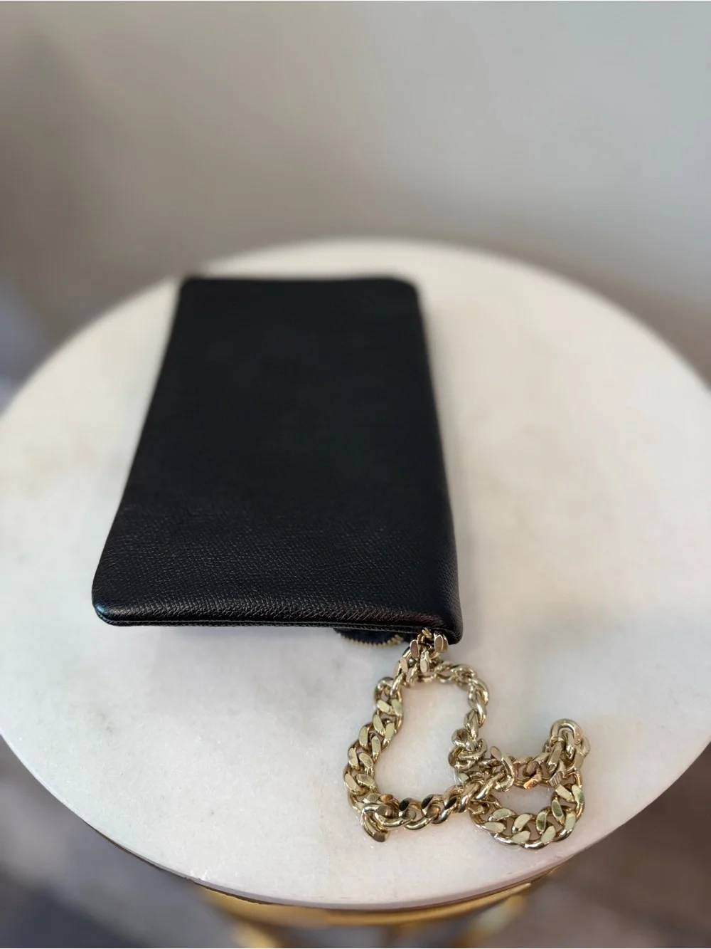 henri bendel Black Leather Clutch with Gold Chain Strap
